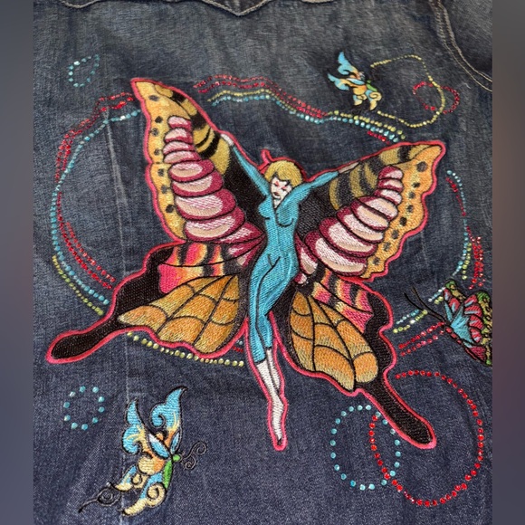 VTG Ed Hardy INSANE y2k butterfly embroidered pearl snap denim shirt size m - Picture 3 of 15